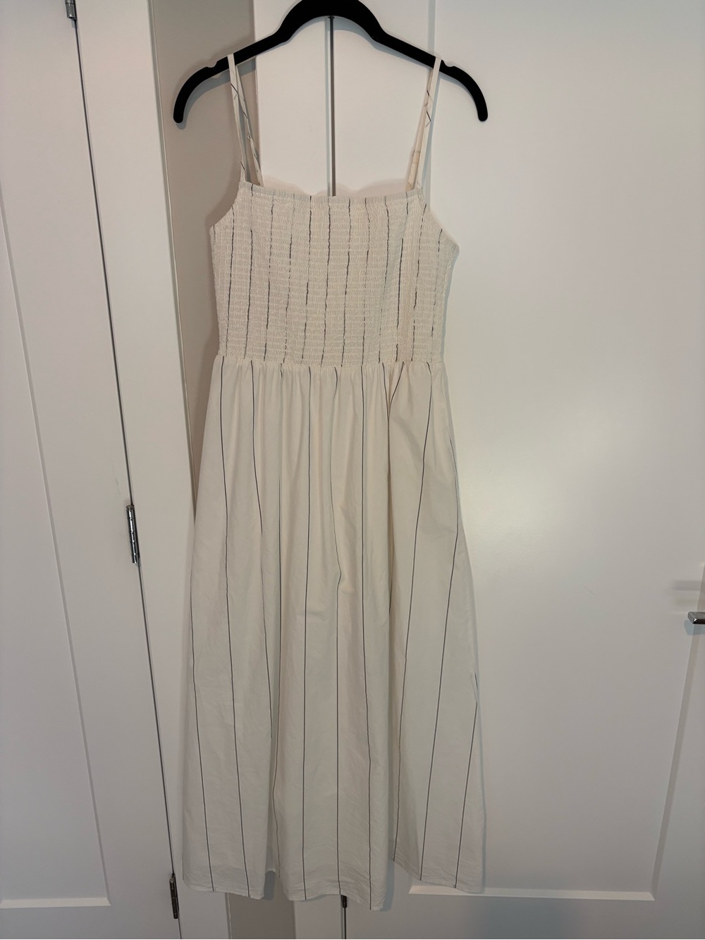Smocked Cream Midi Dress with Thin Straps